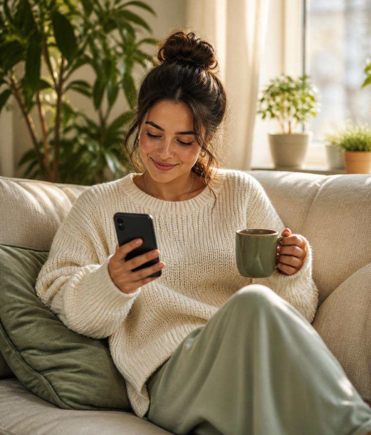 A member relaxing at home with a cup of tea, checking a paid opportunity on her phone