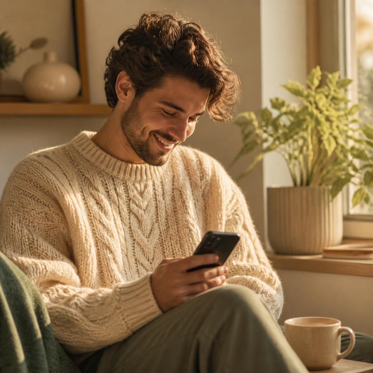 A member smiling as he reviews a paid opportunity on his phone at home