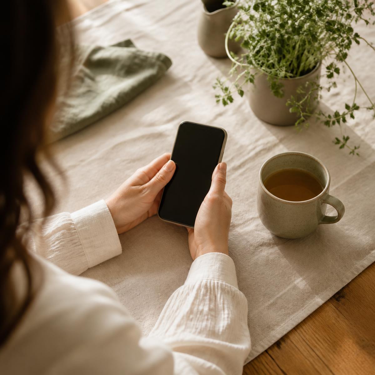 A member calmly reviewing an opportunity on her phone at a sunlit kitchen table